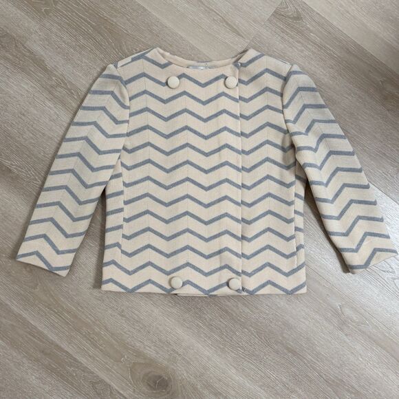 Vintage SEBASTIAN ITALY Gray Cream Chevron Wool Lady Jacket Blazer Sz 10 2 4 - Picture 9 of 9